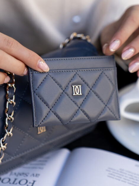 LEATHER QUILTED CARDHOLDER STEEL BLUE