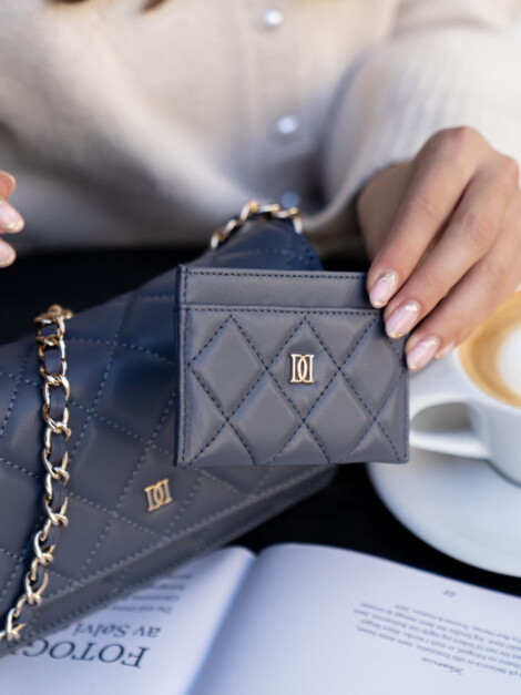 LEATHER QUILTED CARDHOLDER STEEL BLUE