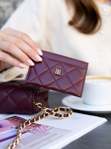 LEATHER QUILTED CARDHOLDER MAROON