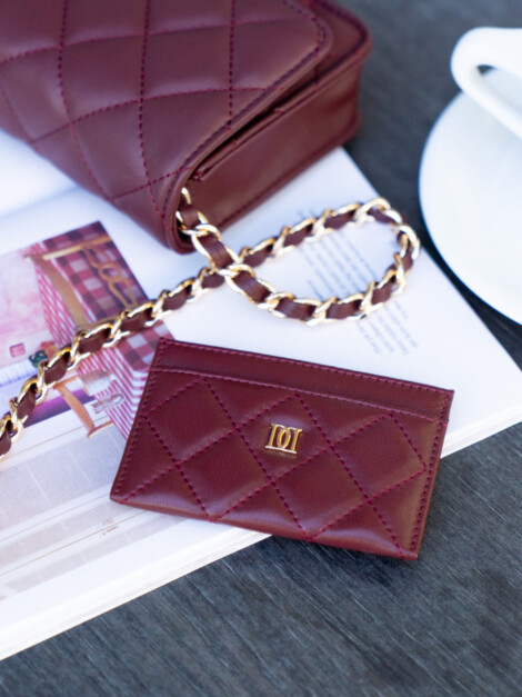 LEATHER QUILTED CARDHOLDER MAROON