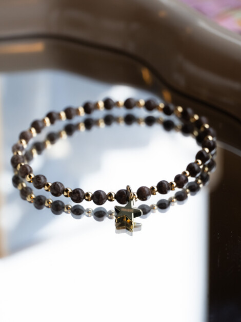 STONE BEAD BRACELET 4mm W/GOLD BEADS CHOCOLATE BROWN
