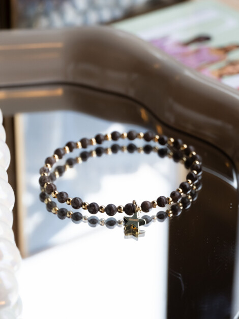 STONE BEAD BRACELET 4mm W/GOLD BEADS CHOCOLATE BROWN