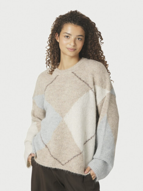 NEO NOIR INGA CHECK FLUFF KNIT BLOUSE BEIGE MELANGE
