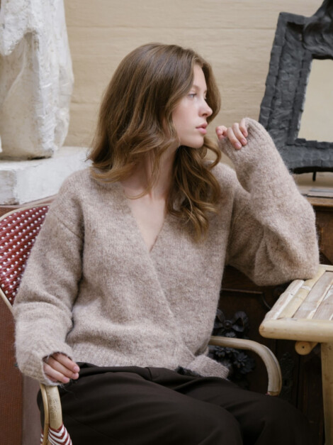 RONIA FLUFFY WRAP KNIT CARDIGAN BEIGE MELANGE
