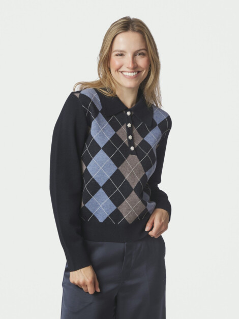JULINA CHECK KNIT BLOUSE NAVY