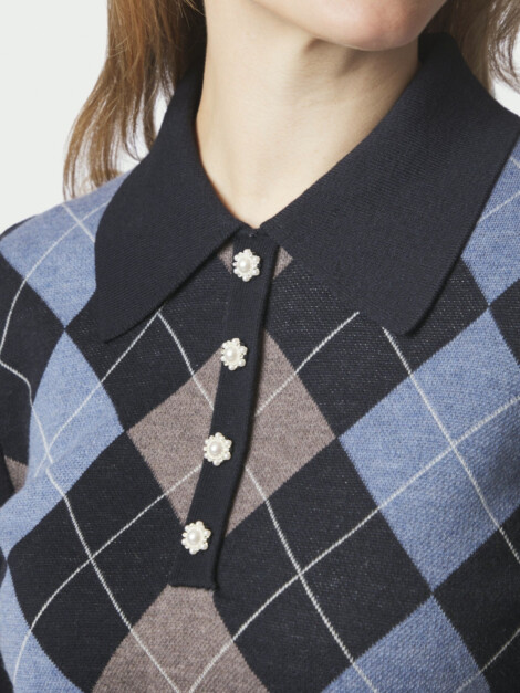 JULINA CHECK KNIT BLOUSE NAVY