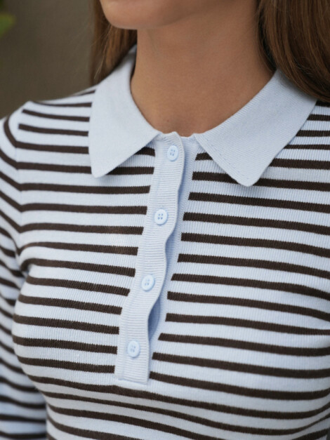 FANNYA LS STRIPED KNIT POLO LIGHT BLUE STRIPE