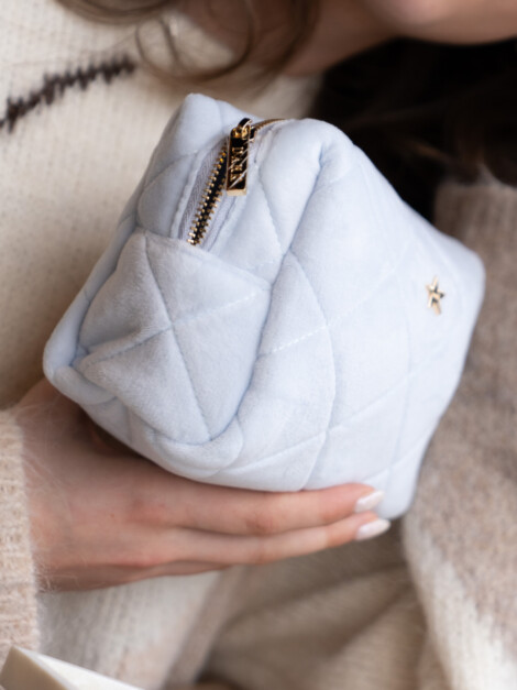 VELVET SQUARE QUILTED MAKE-UP POUCH SMALL COOL BABY BLUE