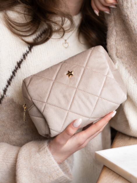 VELVET SQUARE QUILTED MAKE-UP POUCH SMALL DARK SAND