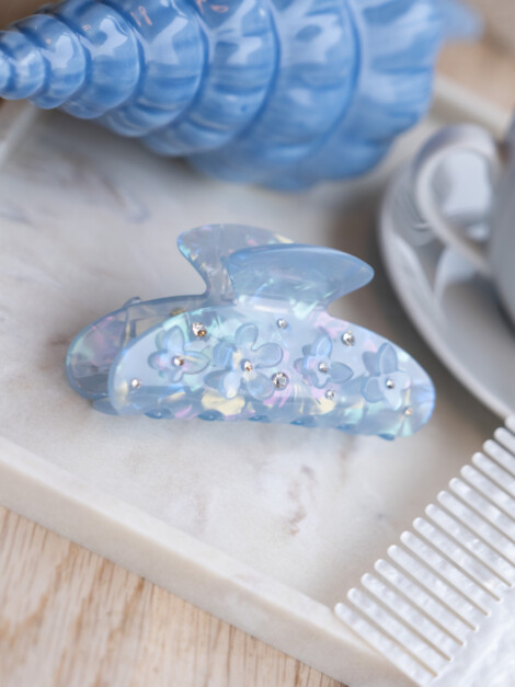 FLOWER & BUTTERFLY HAIR CLAW COOL BLUE W/CRYSTAL