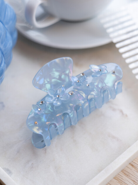 FLOWER &amp; BUTTERFLY HAIR CLAW COOL BLUE W/CRYSTAL