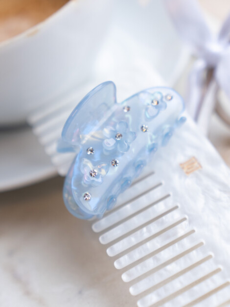 FLOWER &amp; BUTTERFLY HAIR CLAW SMALL COOL BLUE W/CRYSTAL