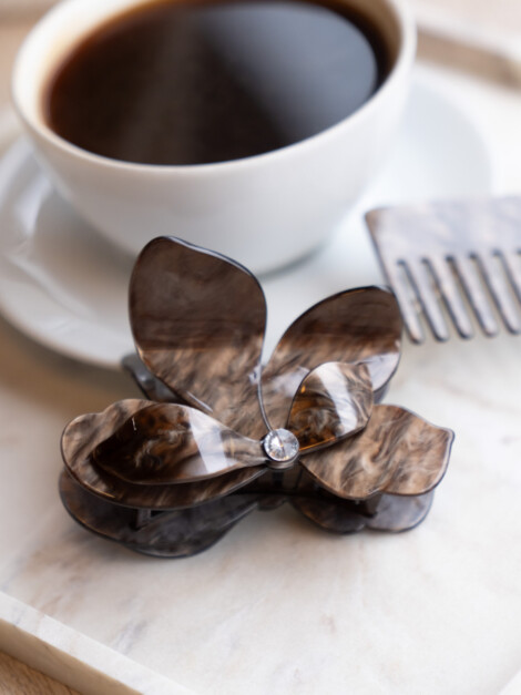 ORCHID FLOWER HAIR CLAW CHOCOLATE BROWN W/CRYSTAL