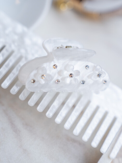 FLOWER &amp; BUTTERFLY HAIR CLAW SMALL BRIGHT WHITE W/CRYSTAL