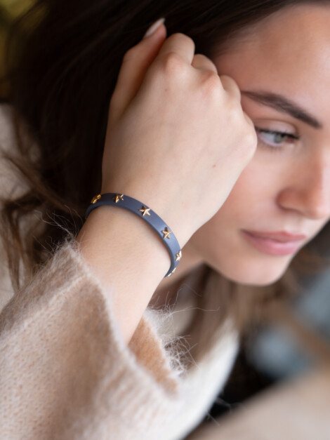LEATHER STAR STUD BRACELET MINI STEEL BLUE