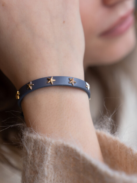 LEATHER STAR STUD BRACELET MINI STEEL BLUE