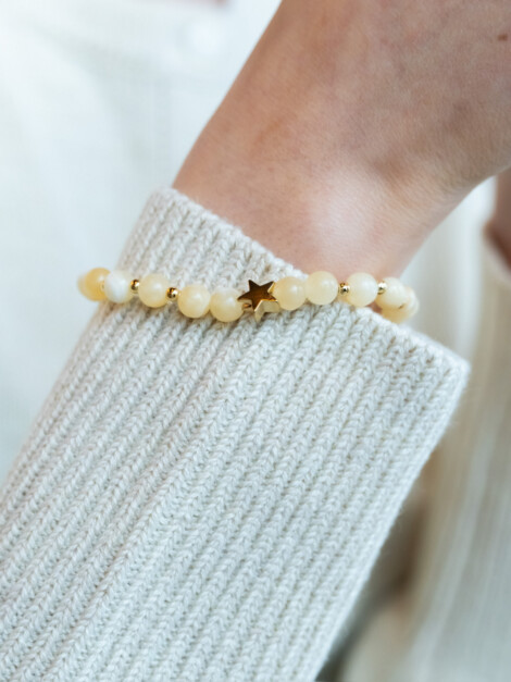 STONE BEAD BRACELET 6MM W/GOLD BEADS YELLOW JADE