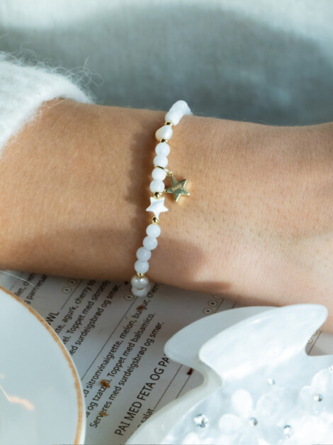STONE BEAD BRACELET W/MOP STAR &amp; PEARLS WHITE JADE