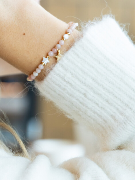 STONE BEAD BRACELET W/MOP STAR & PEARLS ROSE