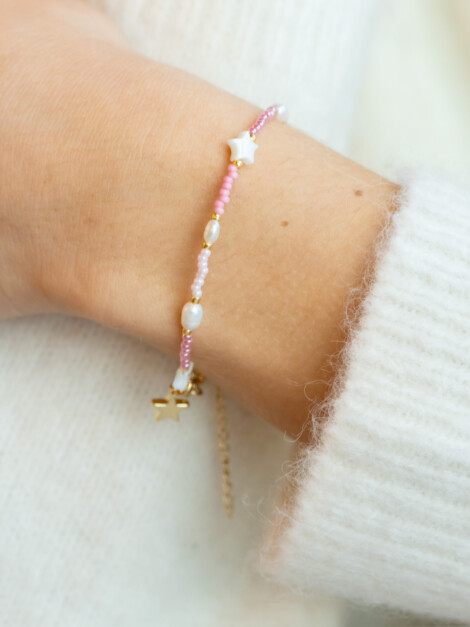 GLASS BEAD BRACELET W/MOP STAR & PEARLS LIGHT ROSE