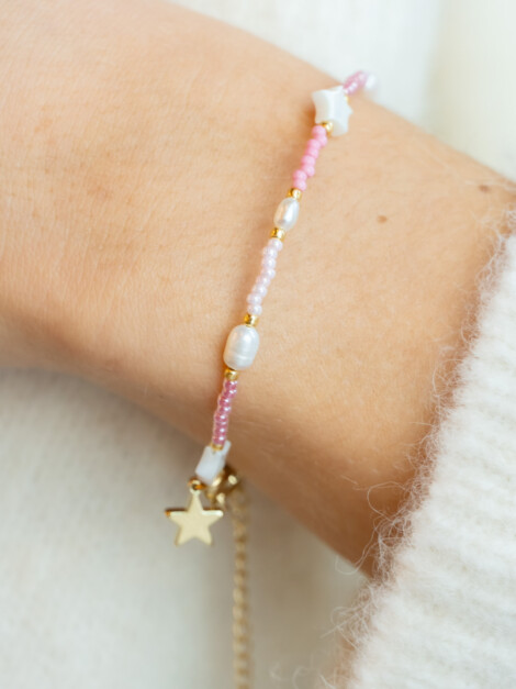 GLASS BEAD BRACELET W/MOP STAR &amp; PEARLS LIGHT ROSE