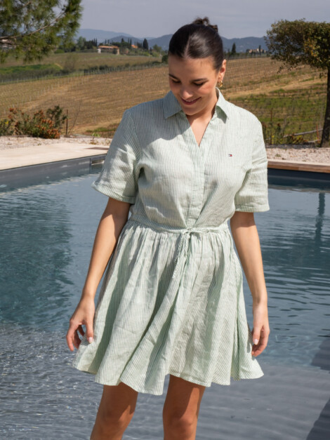 ESS LINEN S/S SHORT DRESS CLASSIC ITHACA/FORT GREEN
