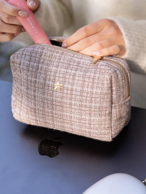 TWEED MAKE-UP POUCH SMALL WARM TAUPE