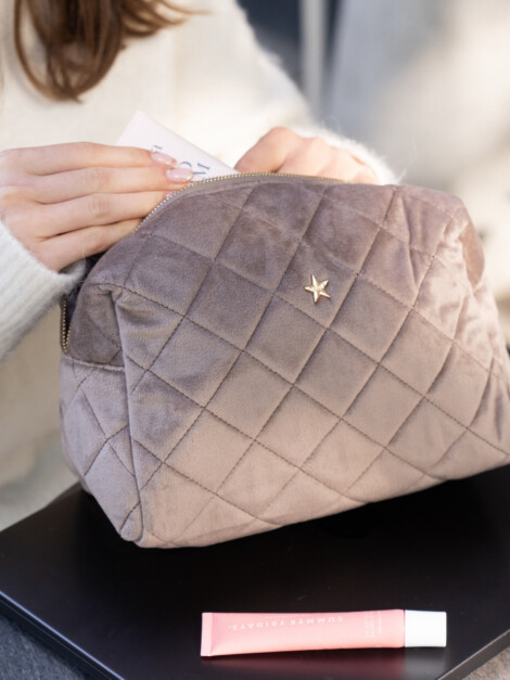 VELVET SQUARE QUILTED MAKE-UP POUCH LARGE WARM TAUPE