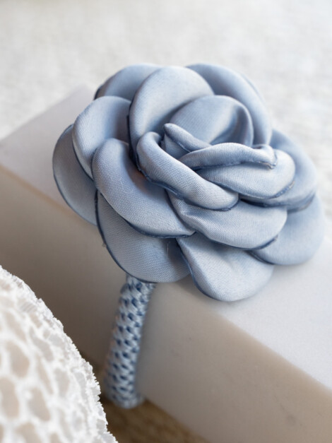 SATIN ROSE HAIR TIE LIGHT BLUE
