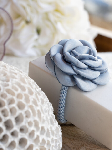 SATIN ROSE HAIR TIE LIGHT BLUE