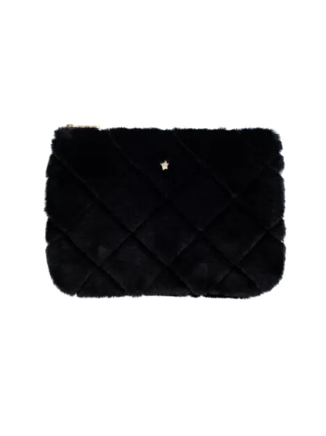 FAUX FUR QUILTED SMALL POUCH BLACK