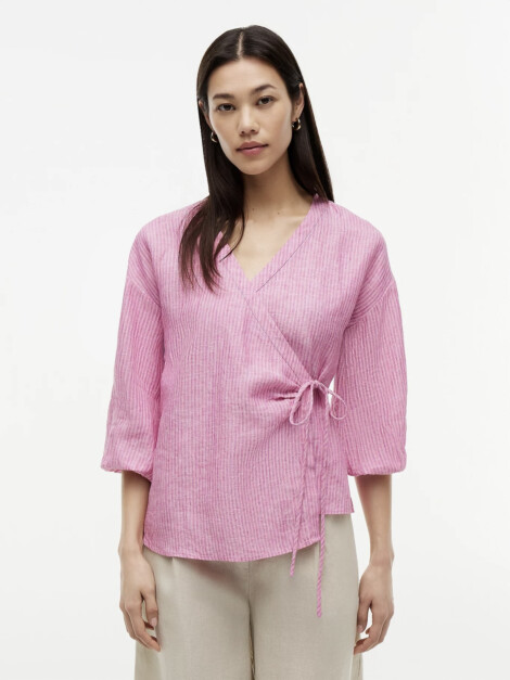 SUMMER LINEN WRAP TIE BLOUSE PINK