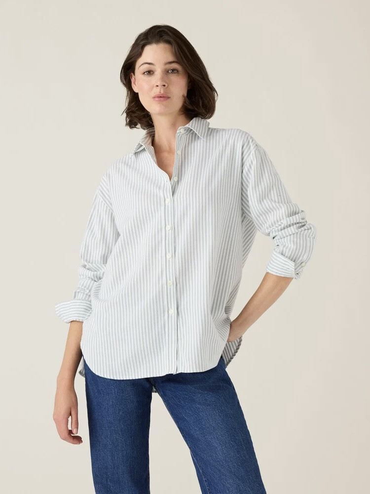 CASUAL ORGANIC COTTON FLANNEL SHIRT GREEN/WHITE STRIPE
