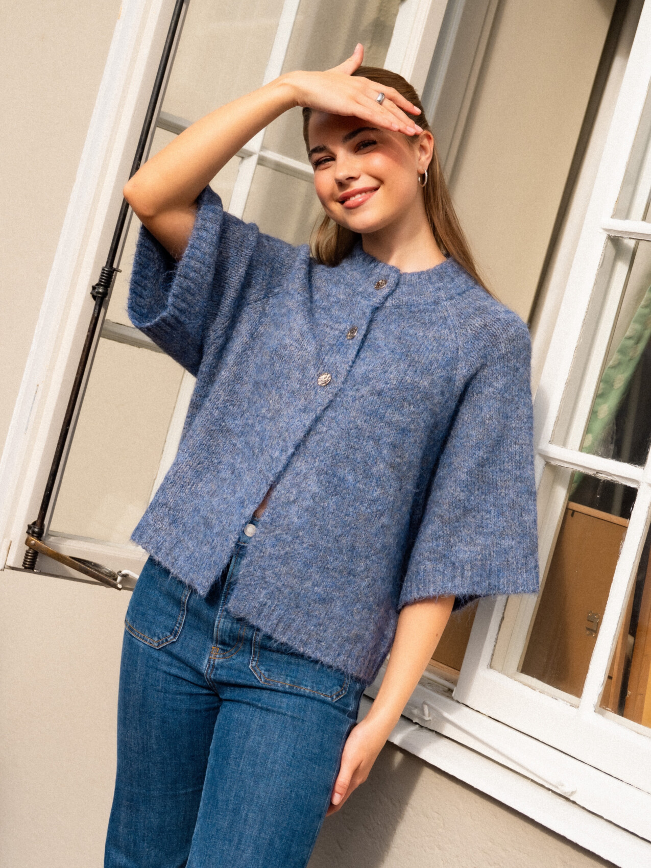 BENUTA FLUFFY KNIT CARDIGAN SMOKE BLUE