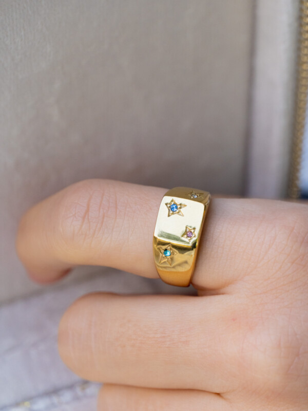 STAR SIGNET RING SQUARE W/MULTI COLORED CRYSTALS