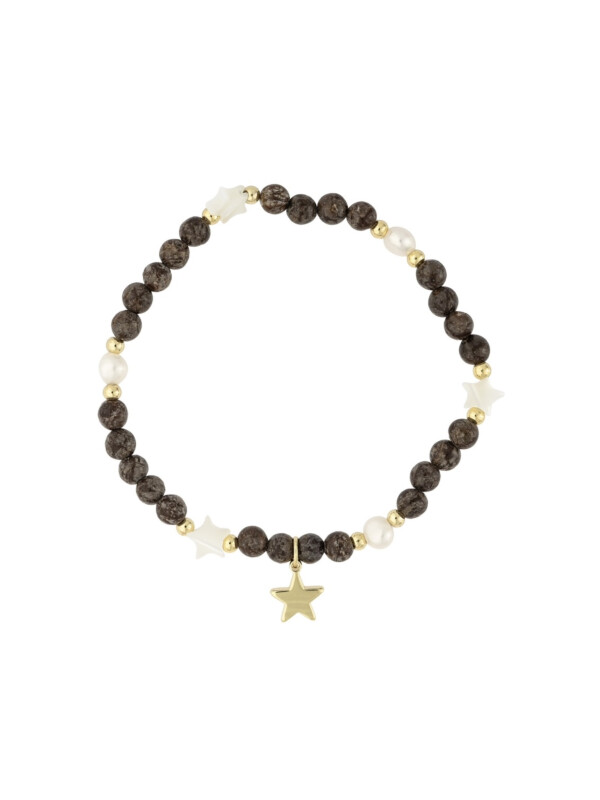 STONE BEAD BRACELET W/MOP STAR & PEARLS CHOCOLATE BROWN