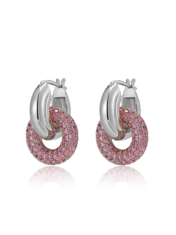 LUV AJ PAVE INTERLOCK HOOPS PINK SILVER