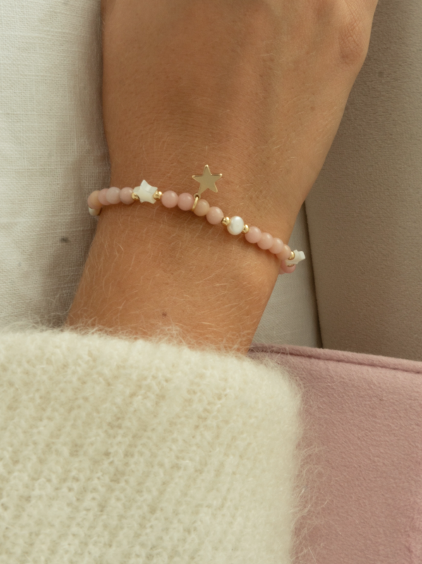 STONE BEAD BRACELET W/MOP STAR & PEARLS ROSE