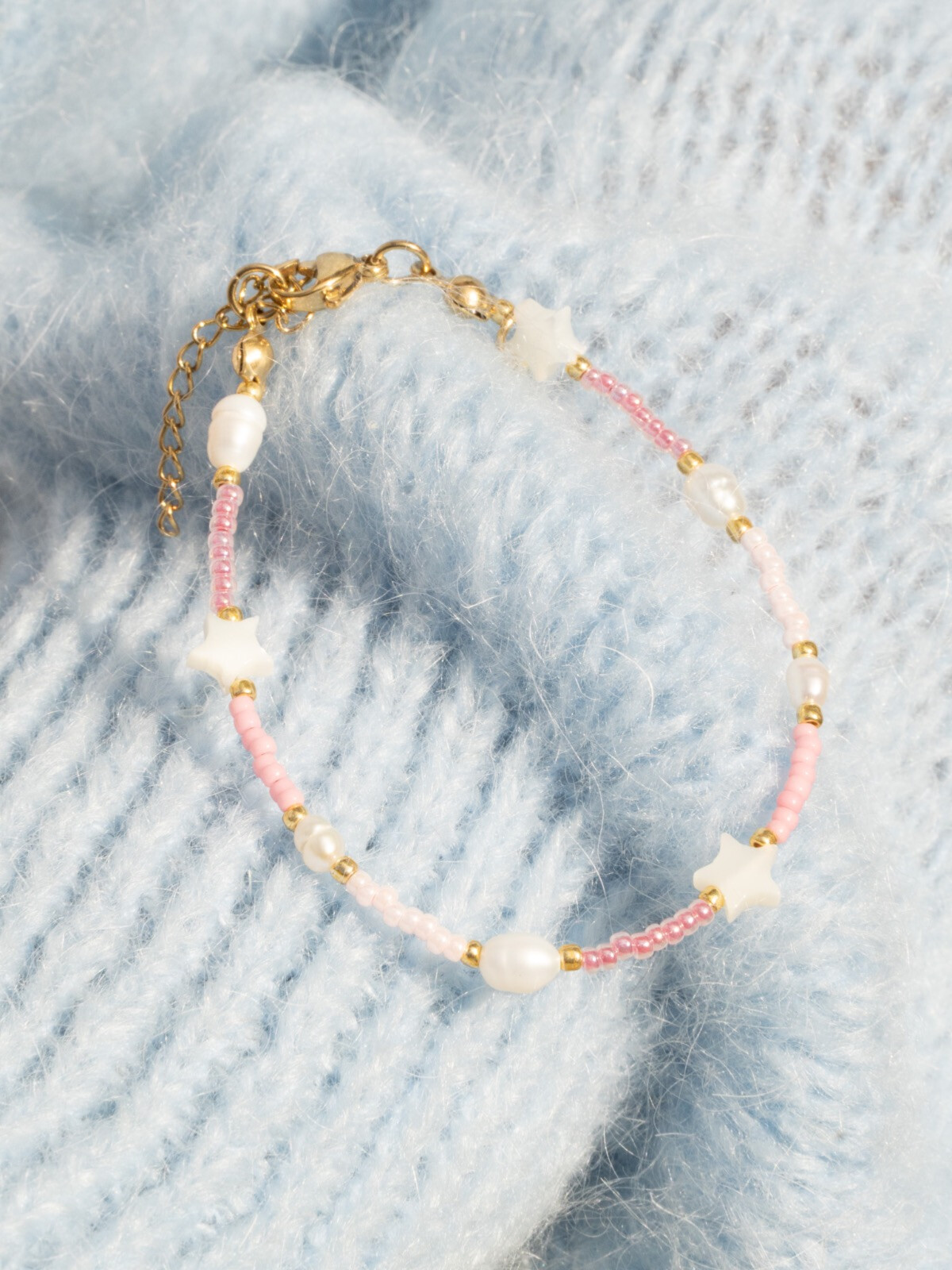 GLASS BEAD BRACELET W/MOP STAR & PEARLS LIGHT ROSE