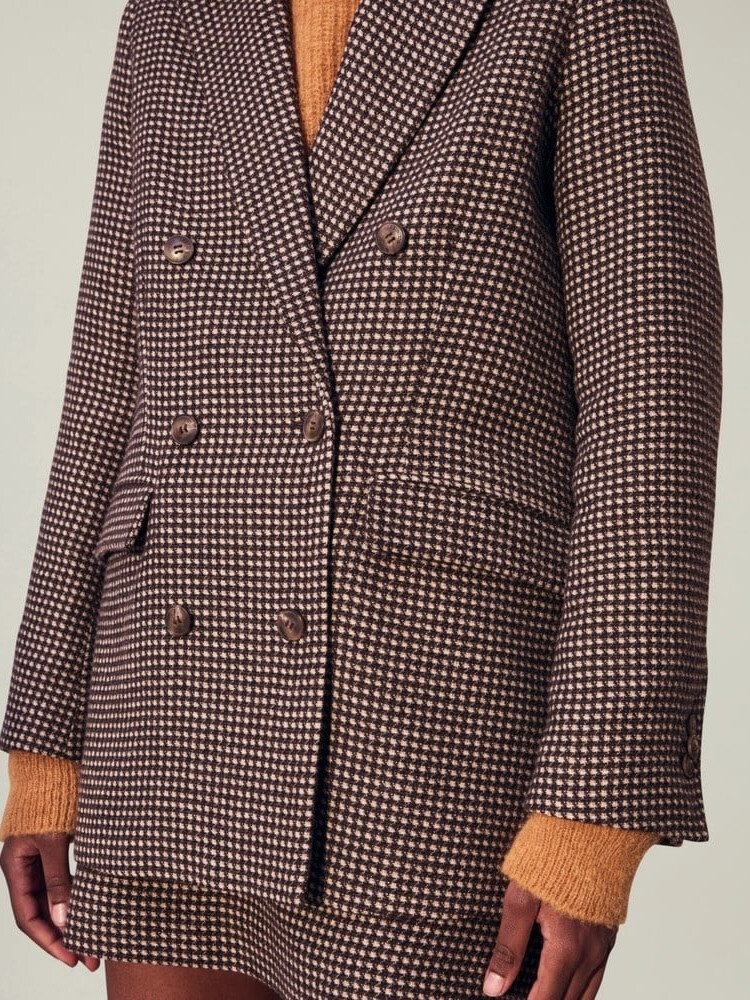 REMI WOOL BLEND DOUBLE BREASTED BLAZER CHECK BROWN