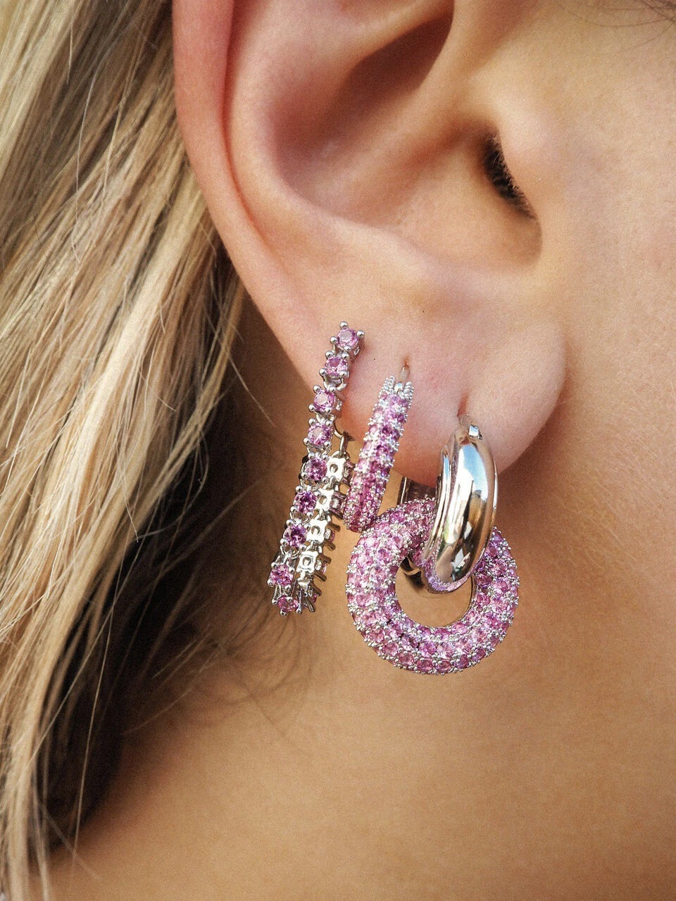 LUV AJ PAVE INTERLOCK HOOPS PINK SILVER